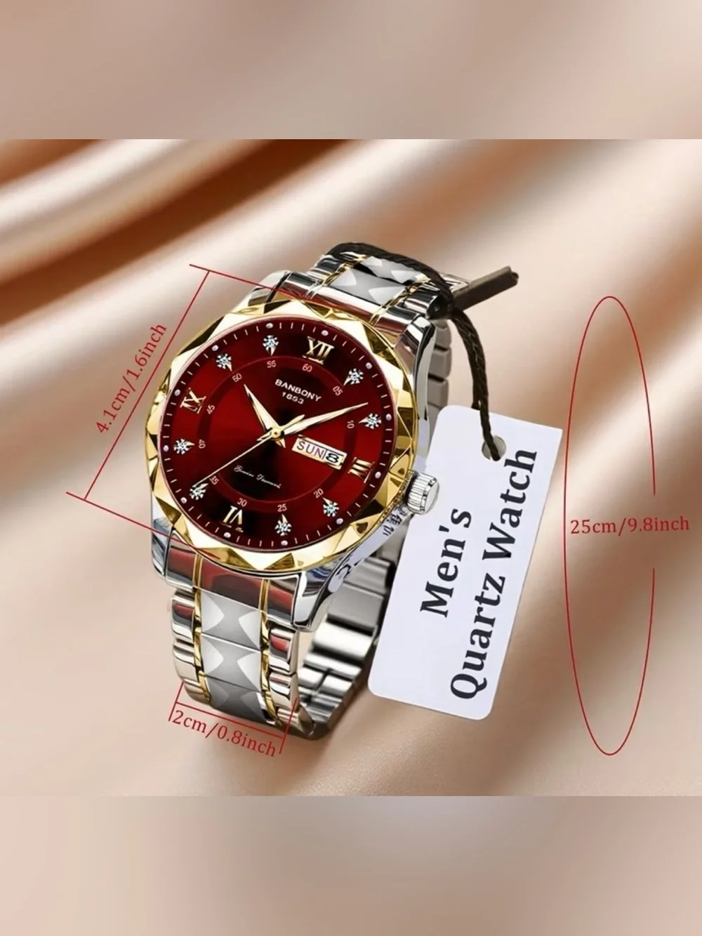 BANBONY stainless steel strip Quartz Watch with Rhinestone, Roman Numeral 41mm